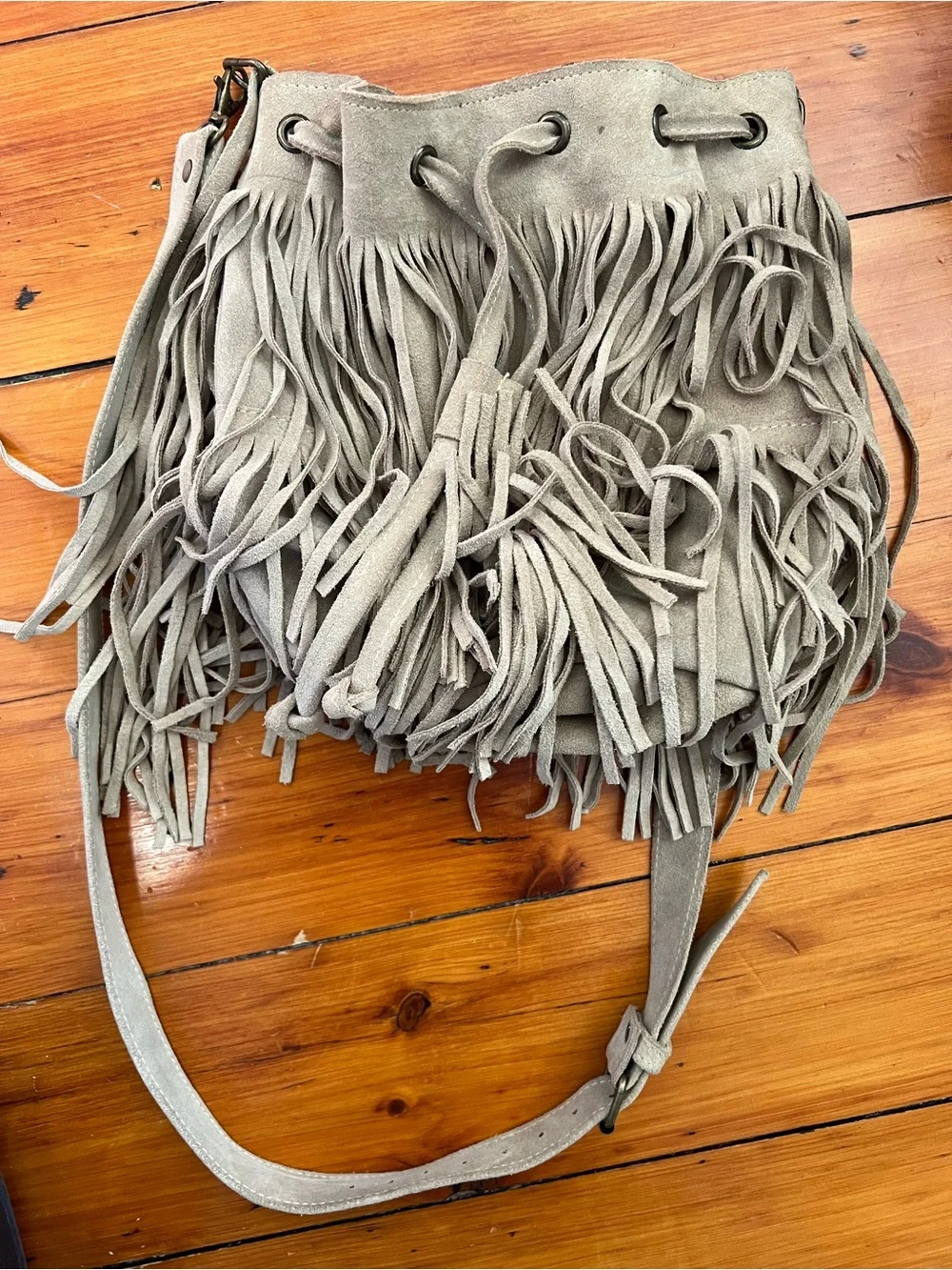Soft Suede Fringe Drawstring Bucket Vintage Find!